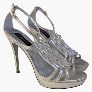 Jeanne Beker Gold Platform Heels |  Iridescent Embellishments | Size 8.5
